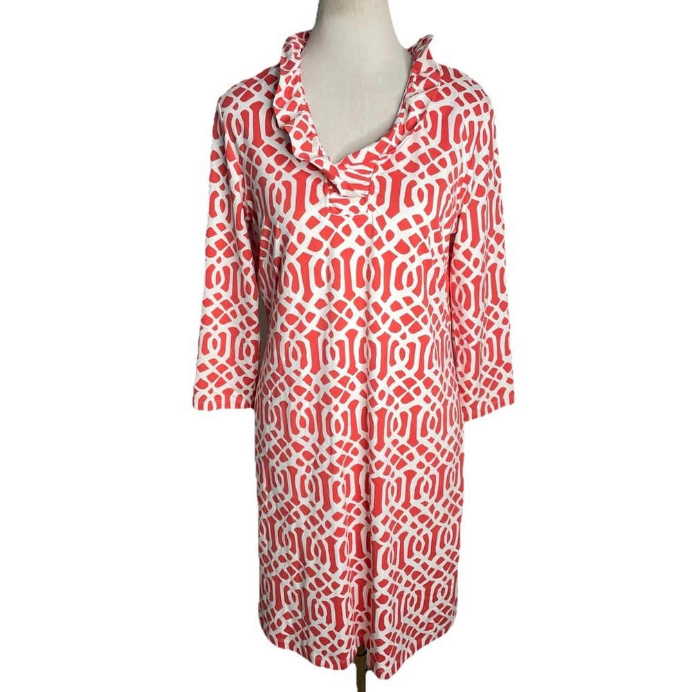 J McLaughlin Orange White 3/4 Sleeve Ruffle V-Neck Cruise Catalina Dress Large - Picture 2 of 4